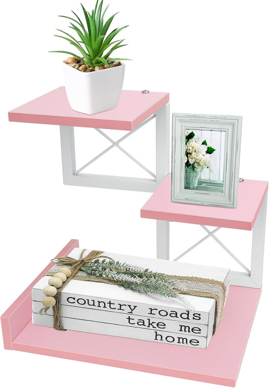 ELITEROO Desktop Shelf, Aesthetic Desk Organizer Table Top Mini Bookshelf, 3 Tier Wooden Desk Supplies Organizers and Storage Stand Cubicle Accessories for Women Office, Pink