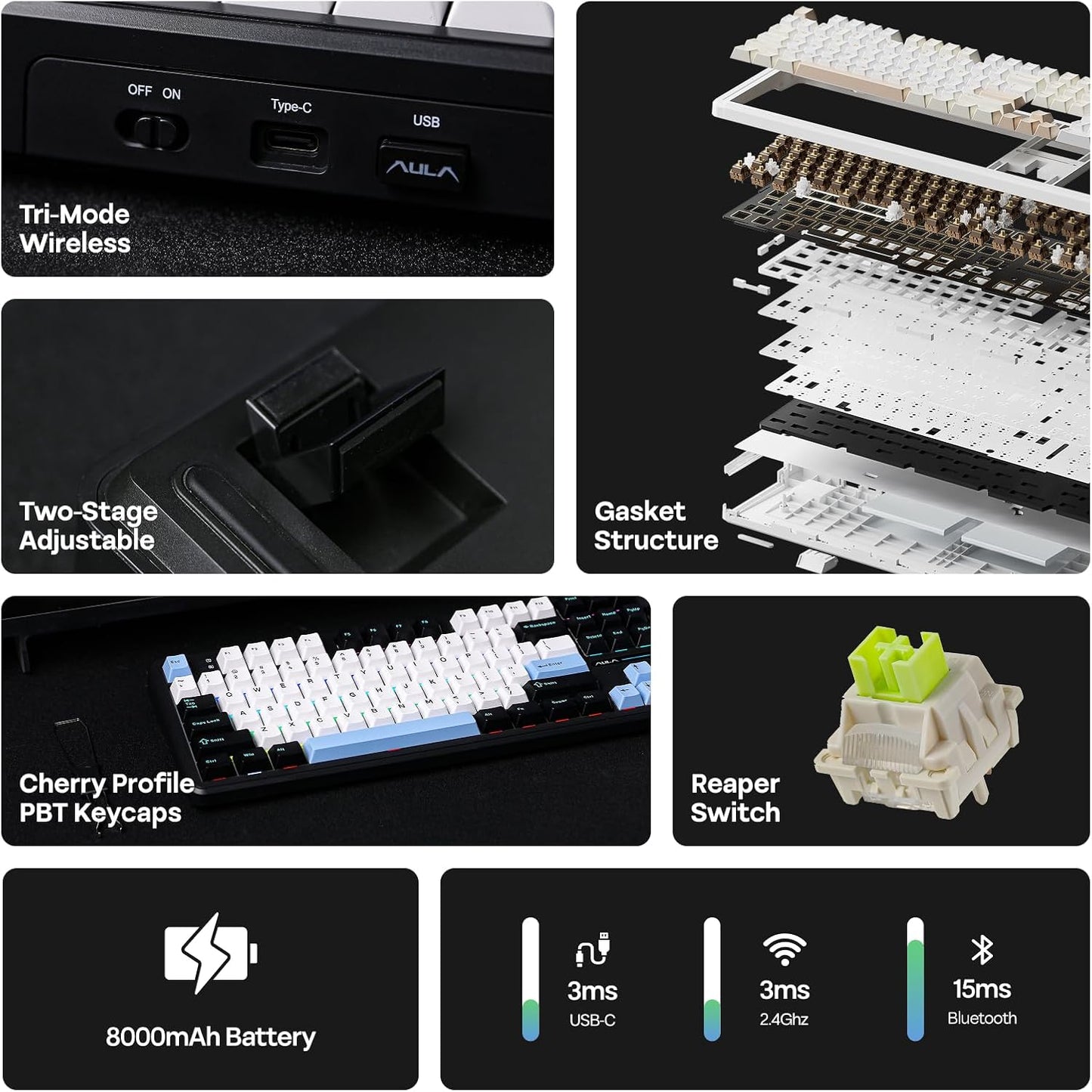 EPOMAKER X Aula F108 PRO Wireless Gaming Keyboard with Screen, 8000mAh Battery, 104 Hot-Swappable and Programmable Keys and Knob, RGB Backlight, for Mac/PC/Android (Blue&White&Black)