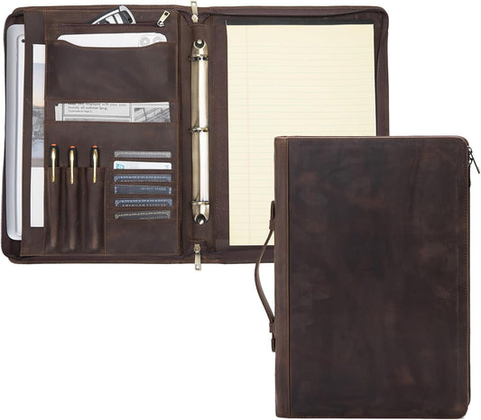 Genuine Leather 3 Ring Binder Portfolio, 8.5 x 14 Legal Size Pad Holder, Hidden Handle, Zippered Padfolio with 15” Laptop Organizer, Professional Business Folio for Men Women, Dark Khaki