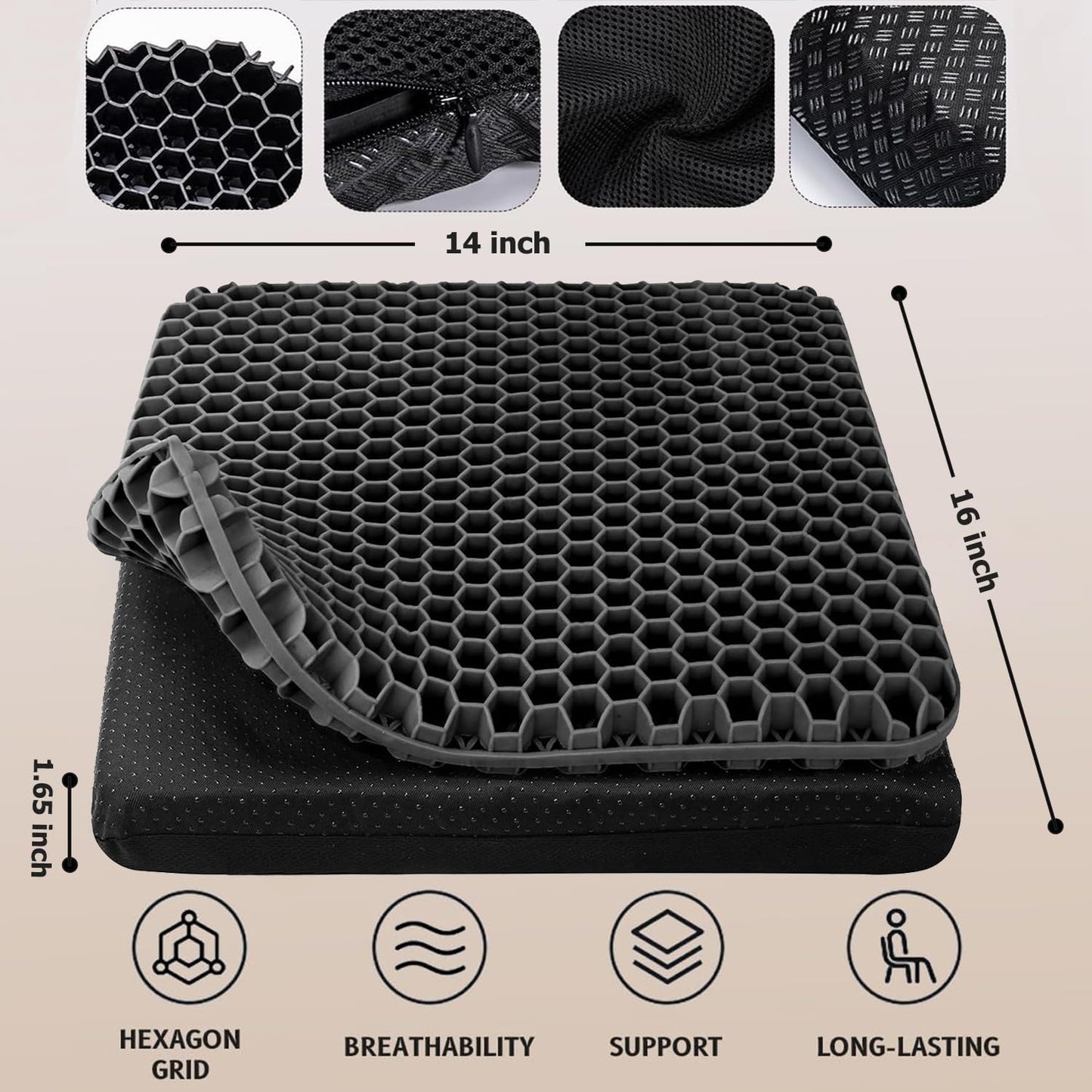 Gel Seat Cushion, Double Thick Egg Gel Cushion for Pressure Pain Relief, Breathable Wheelchair Cushion Chair Pads for Car Seat Office Chair (Black)