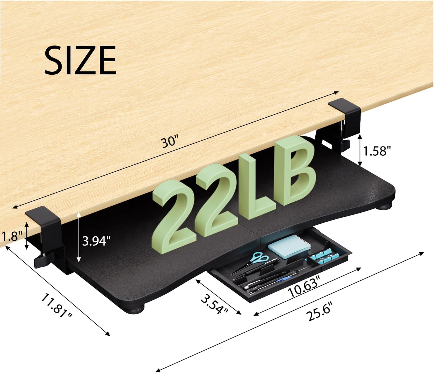 Desktop Keyboard Tray, Under Desk Pull Out,25.59" X 11.81" Large Size Radian Keyboard Tray with C-Clip Mount, Easy Installation, Computer Keyboard Stand, for Home Study and Office(Black)