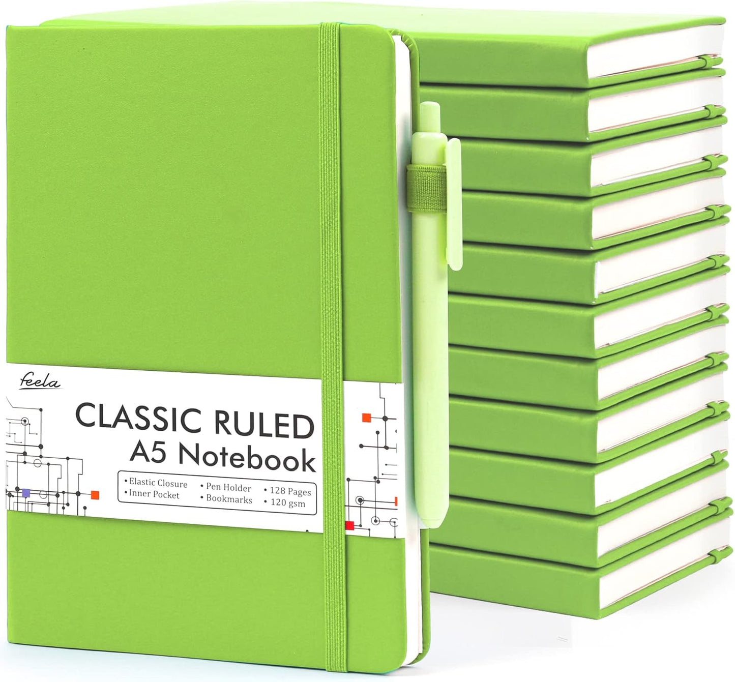 feela 12 Pack Notebooks Journals Bulk, Hardcover Notebook Classic Ruled Lined Journals with Pen Holder for Women Girls School Business Supplies, with 12 Black Pens, 120 GSM, 5.1”x8.3”, A5, Green
