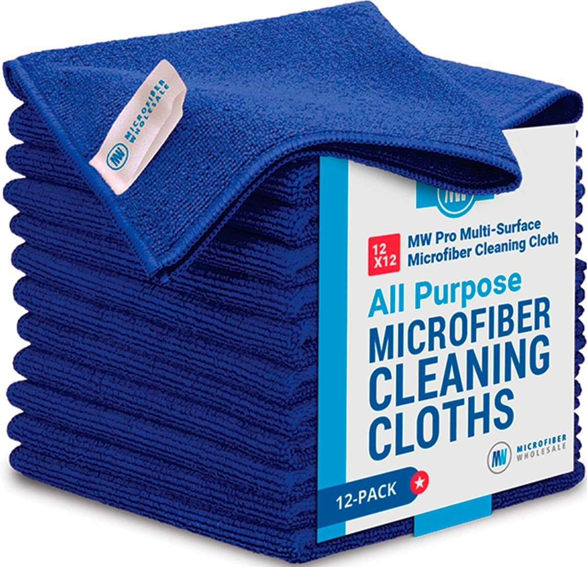 12" x 12" MW Pro Multi-Surface Microfiber Cleaning Cloths | Dark Blue - 12 Pack | Premium Microfiber Towels for Cleaning Glass, Kitchens, Bathrooms, Automotive, Supplies & Products