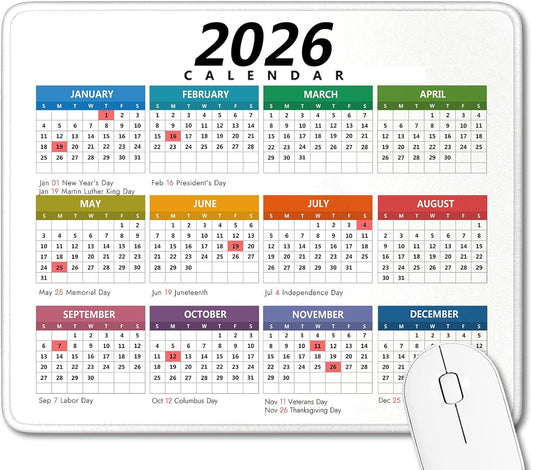 2026 Calendar Mouse Pad with Holidays, Computer Mousepad with Non-Slip Rubber Base, Ccolorful Mouse Pads for Computers Laptop Mouse 9.6 x 7.9 inch