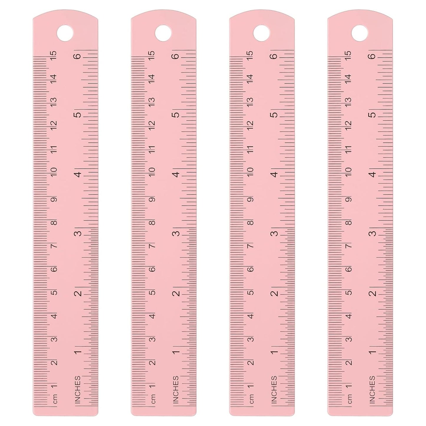 HARFINGTON 4pcs Metal Straight Ruler 15cm Metric SAE Aluminum Alloy Measuring Rulers Scale Tool with Hole for Measure Study Reading Classroom Office, Pink