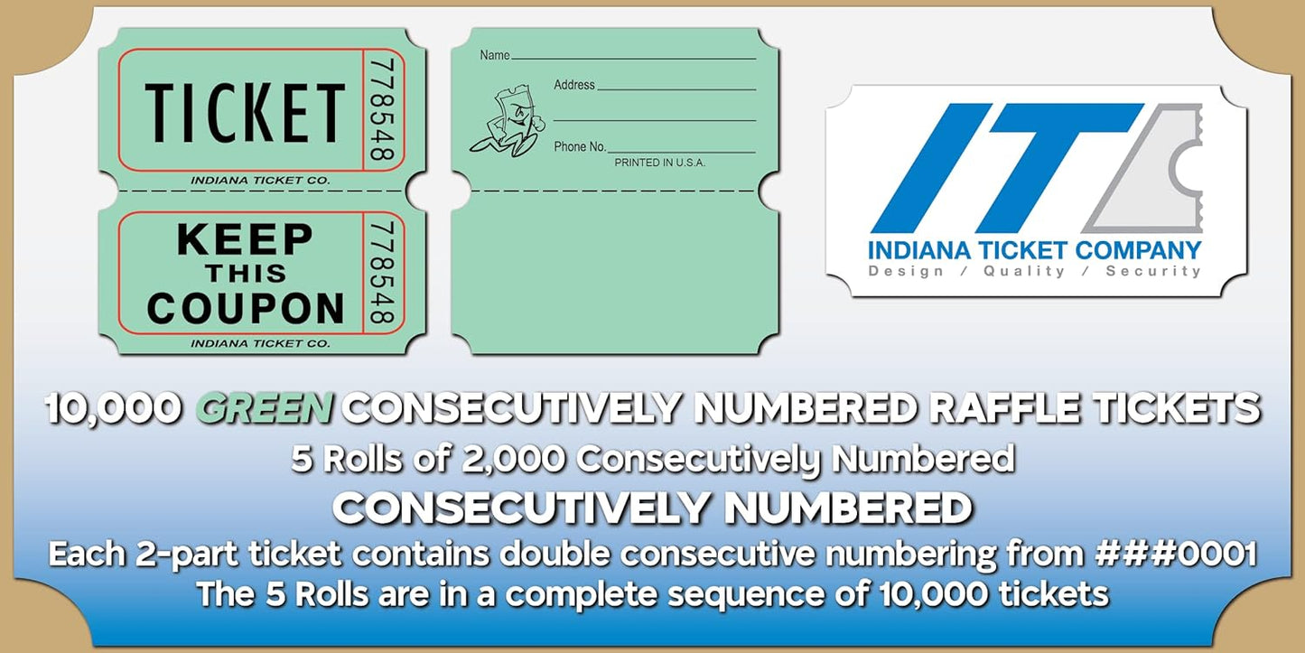 INDIANA TICKET CO. 10,000 Green CONSECUTIVELY Numbered Raffle Ticket Roll. 5 Rolls of 2,000, for Classroom Rewards, Events, Fundraisers, Door Entry, Raffles, Prizes, Drink/Food Tickets, & More