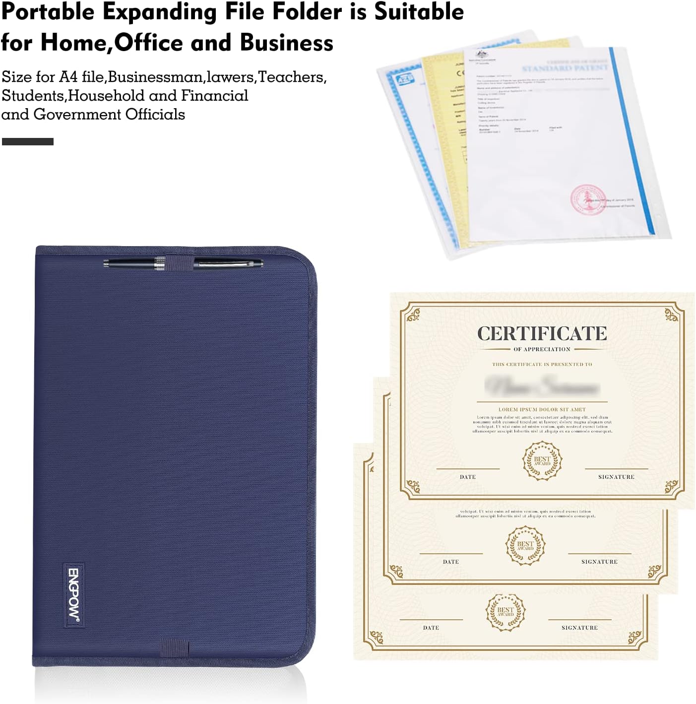 ENGPOW 13 Pocket Expanding File Folder,Fireproof Accordion File Folder Document Organizer with Zipper Closure,Portable Filing Organizer Safe with Colorful Tabs for A4/Letter Size Paper,Files(Blue)