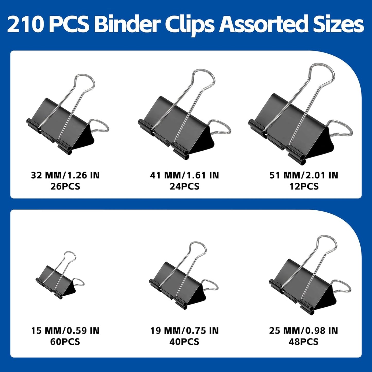 BainGesk 210 PCS Binder Clips Paper Clamps Assorted Sizes, X Large, Large, Medium, Small, Mini and Micro Metal Paper Binder Clips, Black Binding Paperwork Clamp Bulk, Office, School Supplies