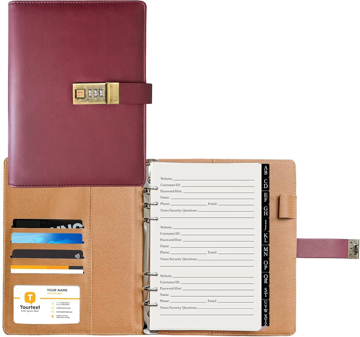 A5 Password Book with Combination Lock & Alphabetical Tabs, 302 Pages Leatherette Hardcover Internet Address & Password Organizer Logbook, Large Print, Refillable, 576 Entries, for Seniors