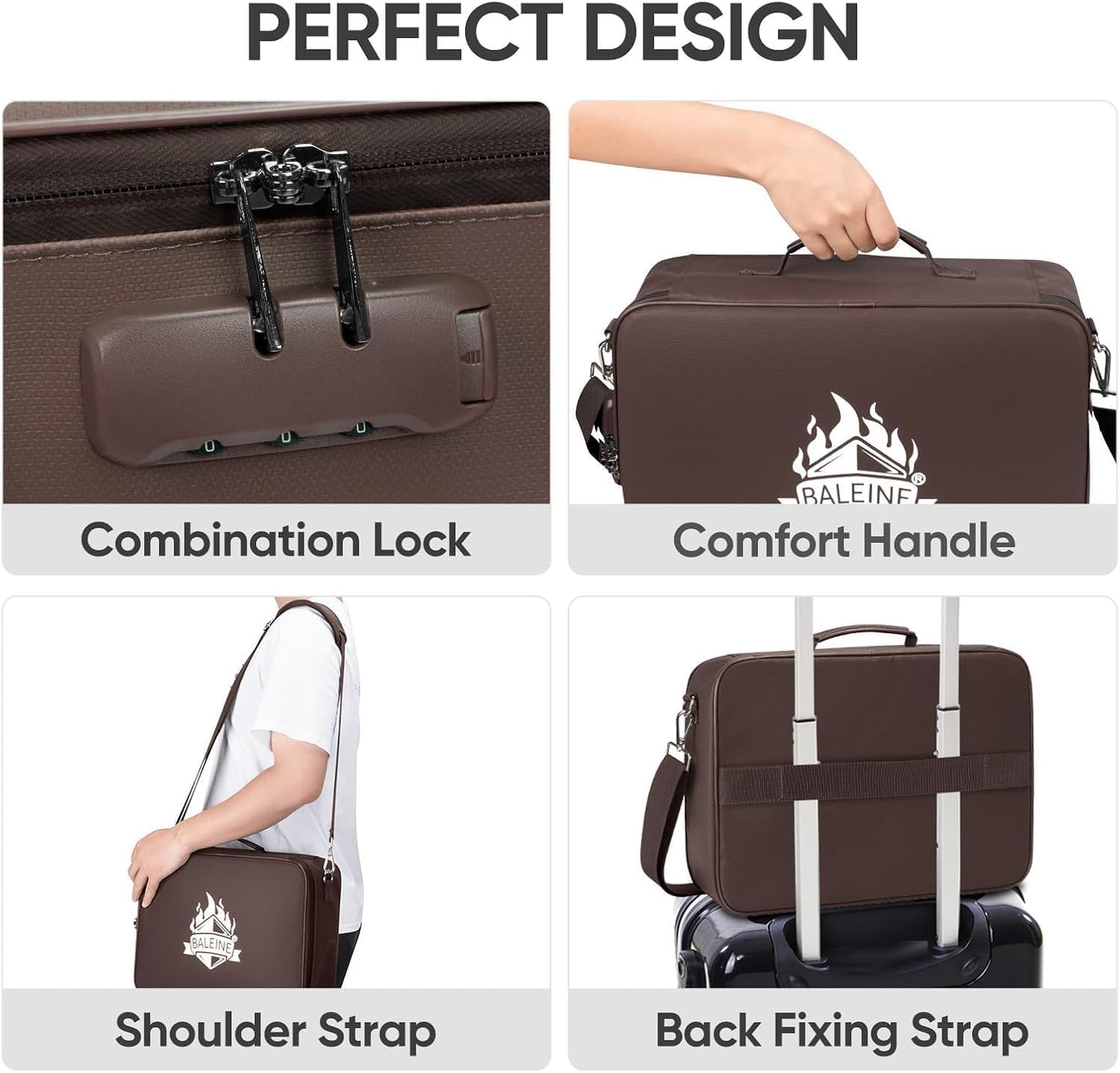 BALEINE Fireproof Document Box with Lock, Portable Fireproof Document Bag Waterproof Fire Proof File Boxes for Documents, File Organizer Box for Important Paperwork (Brown, 15''x11''x4'')