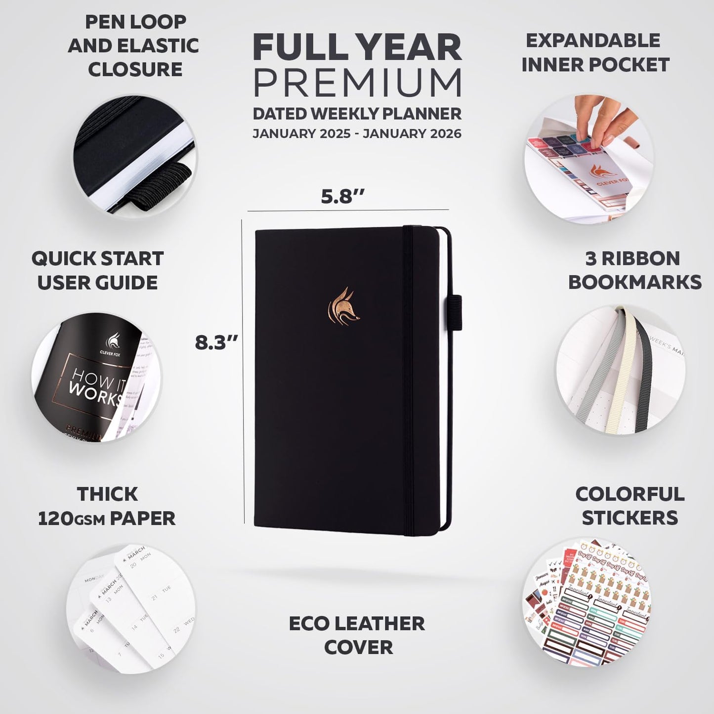 Clever Fox Dated Planner Premium 2025 – Weekly Agenda for Planning & Time Management –Notebook with Habit Tracker & To-do List (Black)