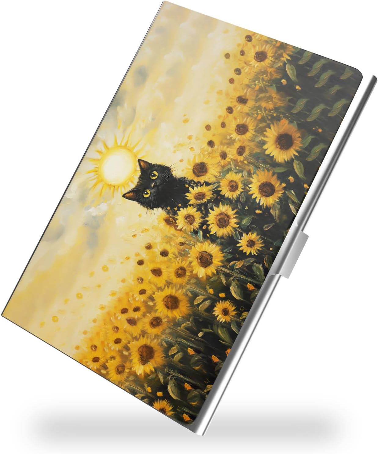 Business Card Metal Slim Organizer, Professional Stainless Steel Square Pocket Wallet for Office Workers, Compact and Portable for Pockets (Sunflower Cat A)