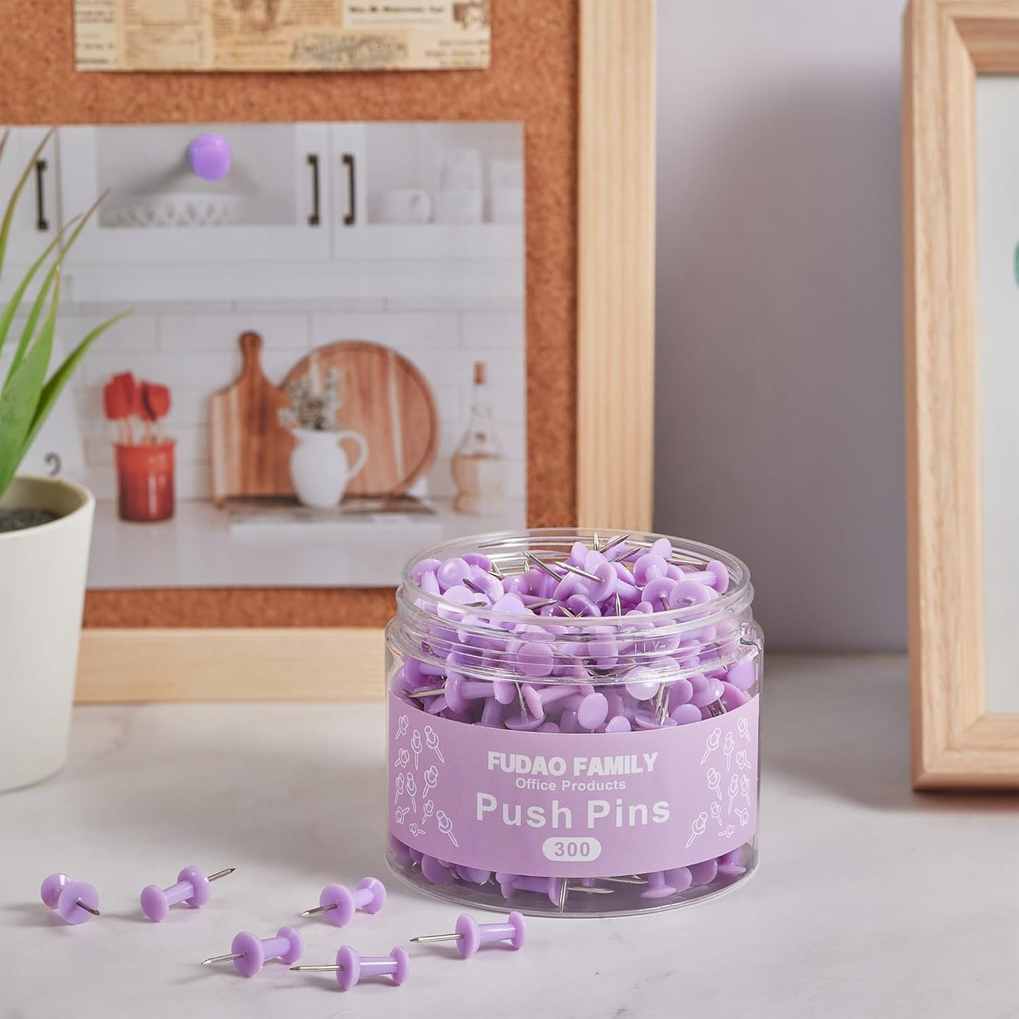 FUDAO FAMILY 300pcs Push Pins for Bulletin Board, Thumb Tacks for Wall Corkboard, Map Pins - Home Office Craft Projects Plastic Head Steel Push Pin (Purple)