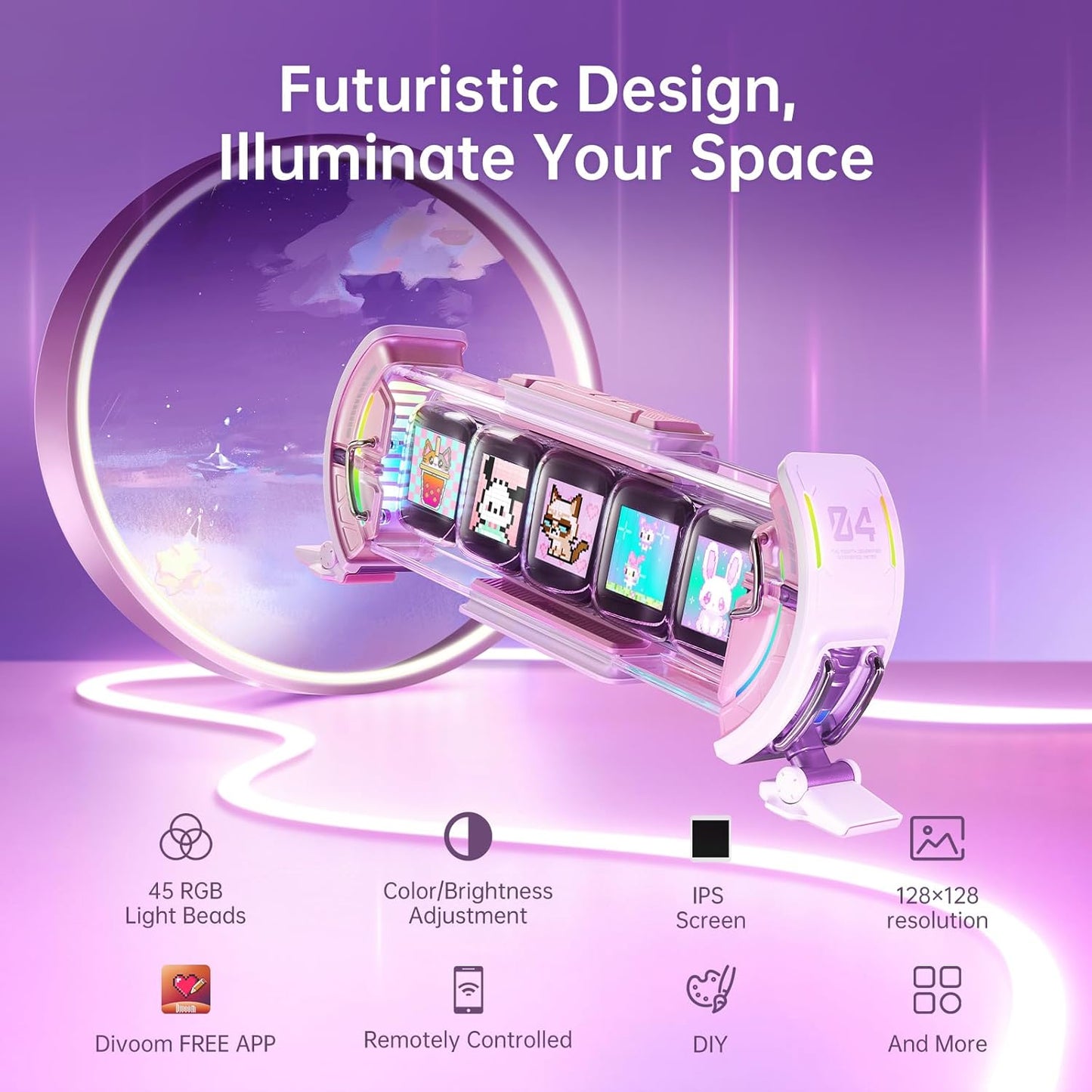 Divoom Times Gate - Cute Gaming Digital Clock with Smart App-Controlled, Support Weather Forecast, Stock Market/Exchange Rate, Social Media, Pixel Art Display for Gamers & Home Office Decor (Pink)