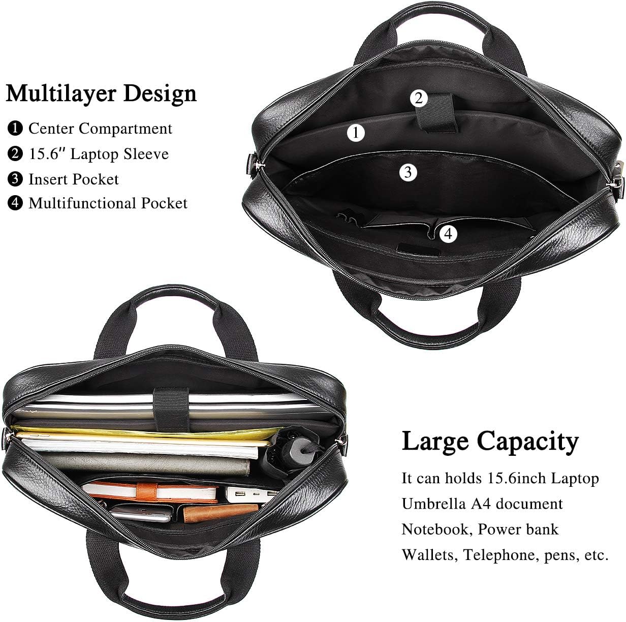 Augus Leather Laptop Briefcase for Men,Waterproof Travel Messenger Duffle Bags 15.6 Inch Laptop Bag