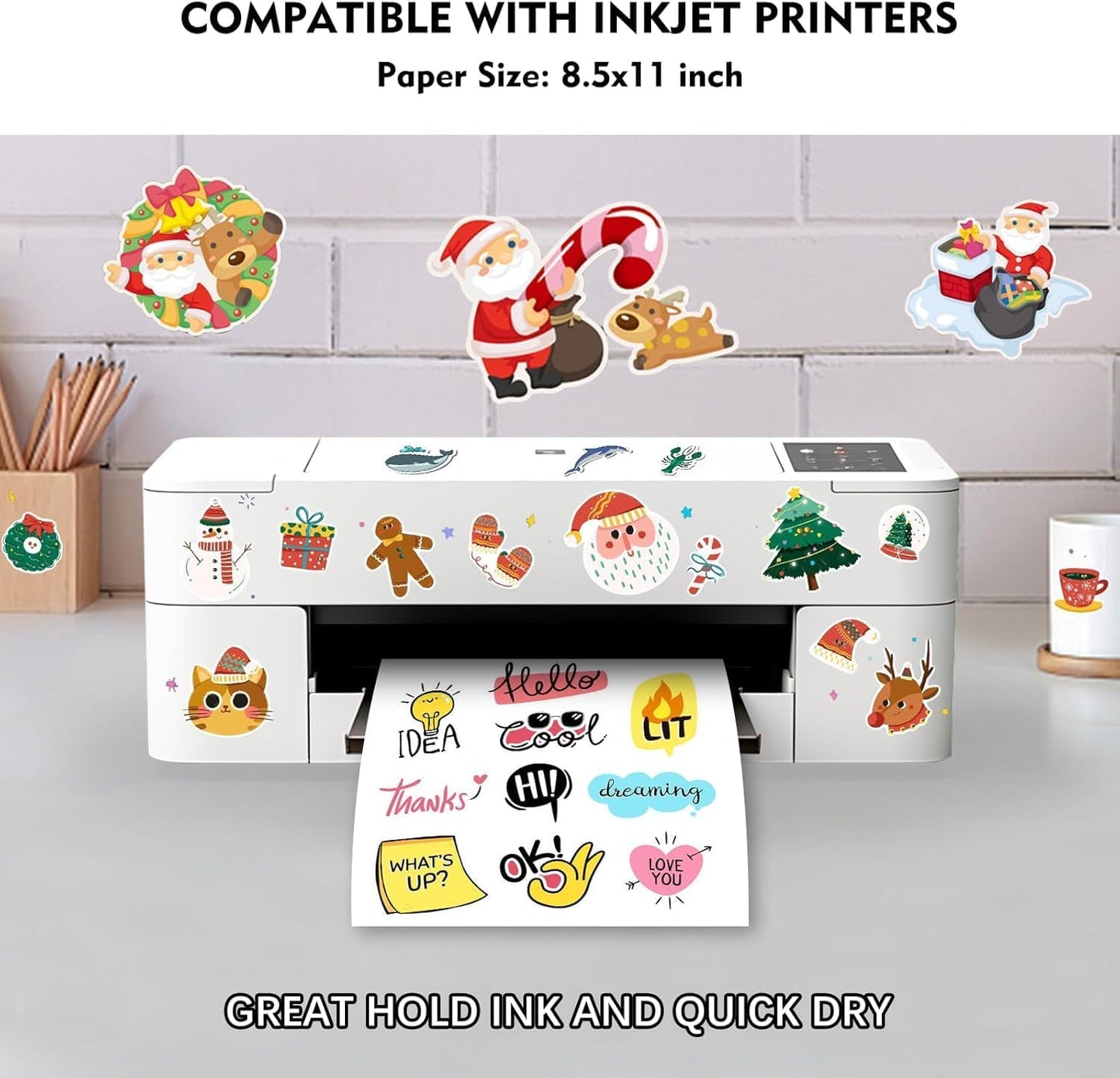 60 Sheets Premium Printable Vinyl Sticker Paper for Inkjet Printer, Glossy White Waterproof, Dries Quickly, Vivid Colors, Tear Resistant, 8.5x11 Inkjet Vinyl Sticker Paper Great for Cutting Machines