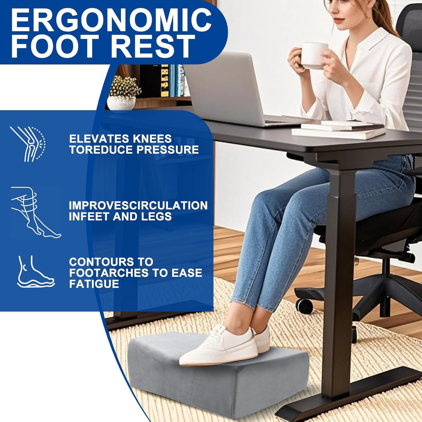 Adjustable Foot Rest for Under Desk at Work - 3 Height Ergonomic Footrest, 17x11 Inch Office Foot Stool, Soft Velvet Cushion, Non-Slip Base for Home & Office - 100% Memory Foam Filling
