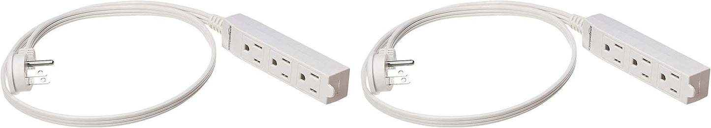 Amazon Basics 3-Prong Indoor Rectangle Extension Cord Power Strip, Flat Plug, Grounded 13 Amps, 1625 Watts, 125 VAC, 2-Pack, 3 ft, White
