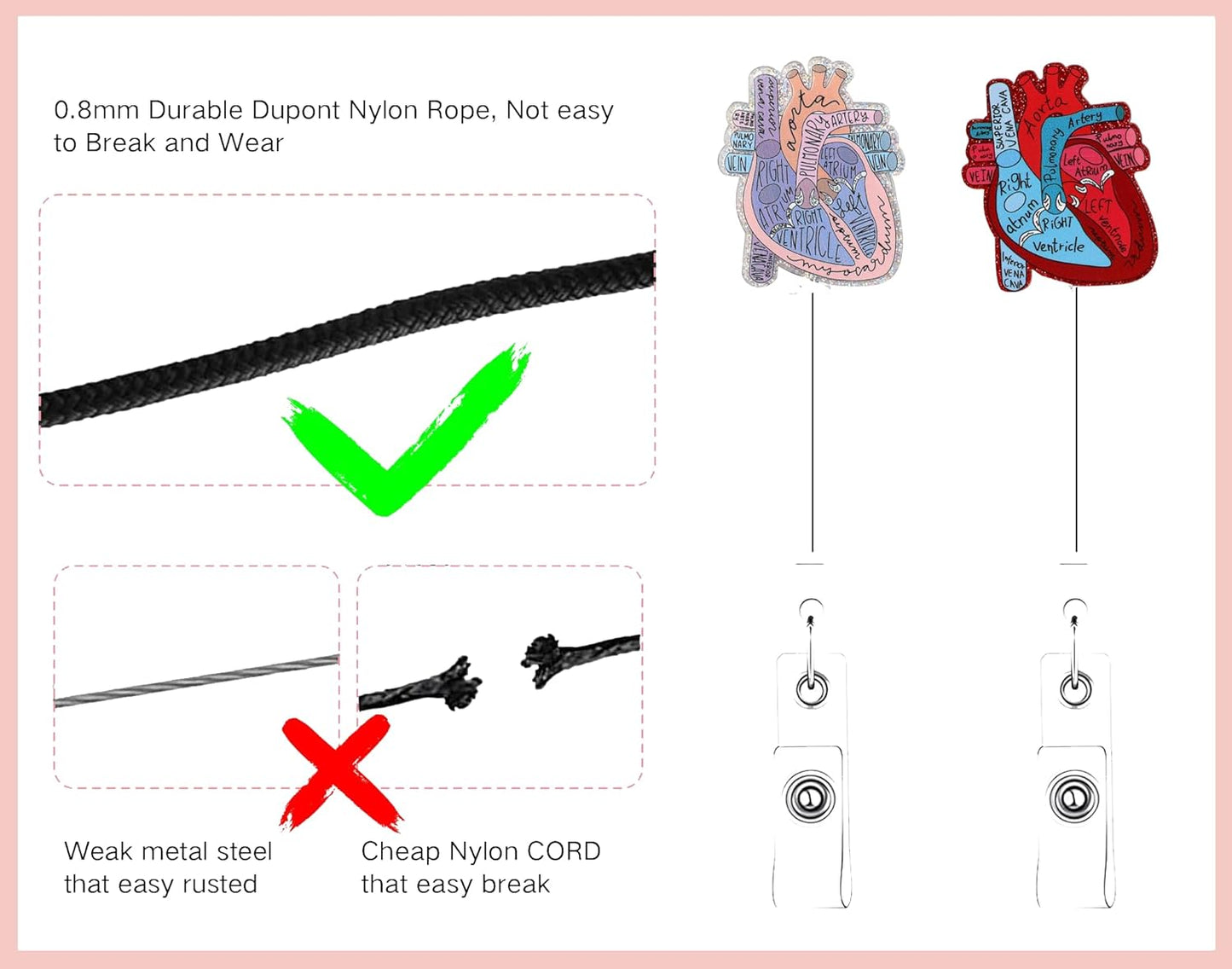 2Pcs Cardiac Badge Holder Heart Retractable Reel ID Card Funny Clip Anatomy Nurse Name Tag Holder Pediatrics Nursing Badge Clips for Medical Assistant Doctor Student Teacher Office Clinic