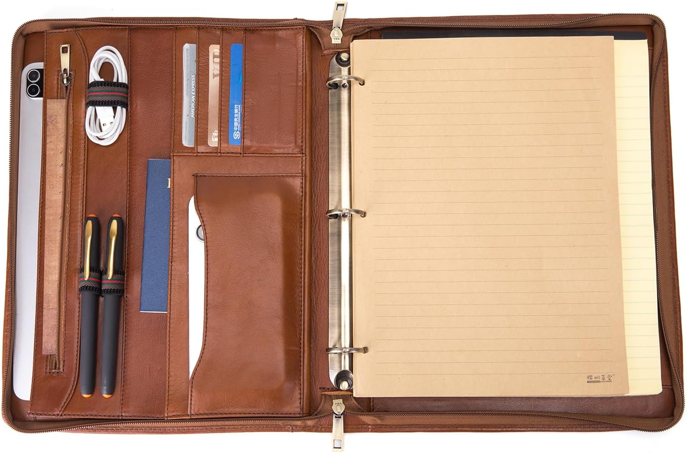 3 Ring Binder Genuine Leather Portfolio, Front Pocket, 8.5 x 11 Legal Pad Padfolio for Men and Women, Zip Notepad Laptop Organizer, Professional Business Executive Work Folio, Brown, Oil Tanned