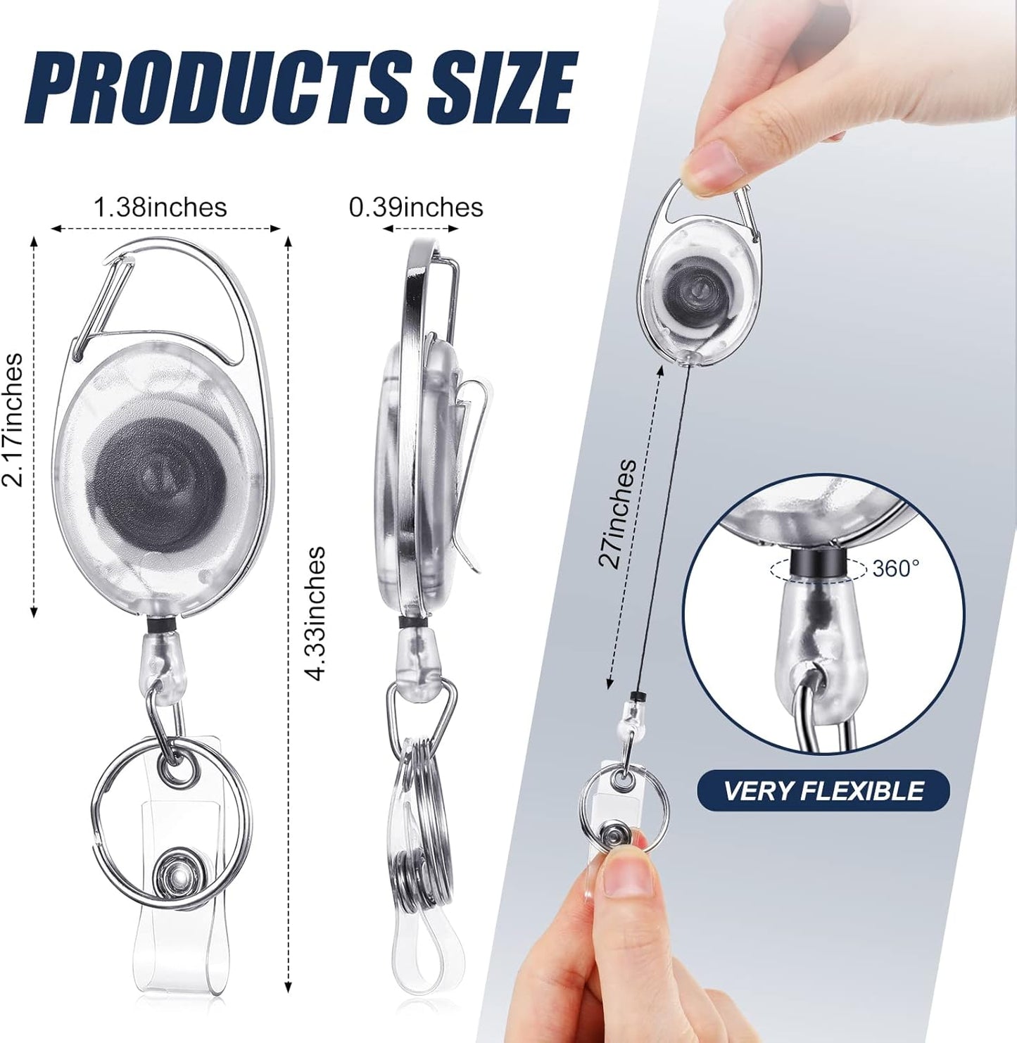 100 Pack Retractable Badge Reels Bulk Heavy Duty Badge Reel Holders with Carabiner Belt Clip and Keychain for Lanyard Card Nurse School Office Employee (Clear White)