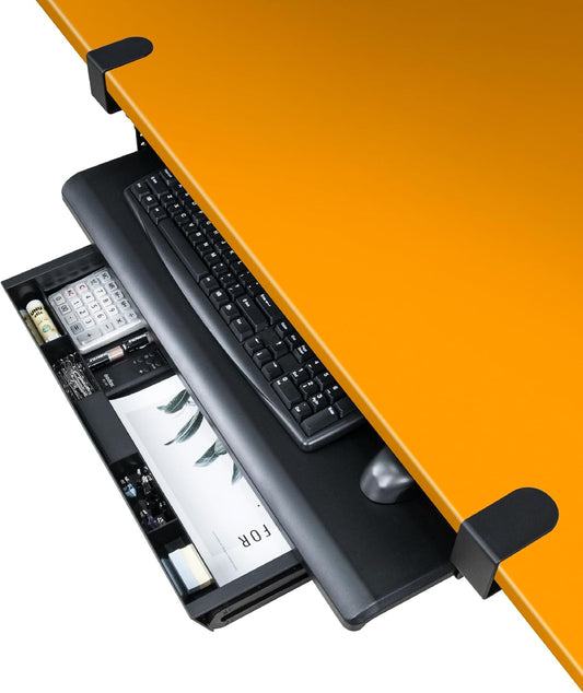 EHO Keyboard Tray with Drawer - Clamp On Under Desk Pull Out Extender Table Attachment Platform with Storage Organizer, Large 27.5" (31.8" Including Clamps) x 12.2", Height Adjustable for Home Office