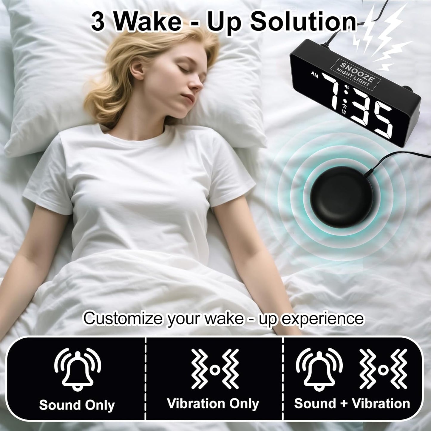 Alarm Clock for Bedroom Heavy Sleepers with Bed Shaker & Night Light-Vibrating Digital Clock Large Dimmable LED Digits with Dual Alarm & Charging Port Table Desk Clock for Hearing Impaired Seniors