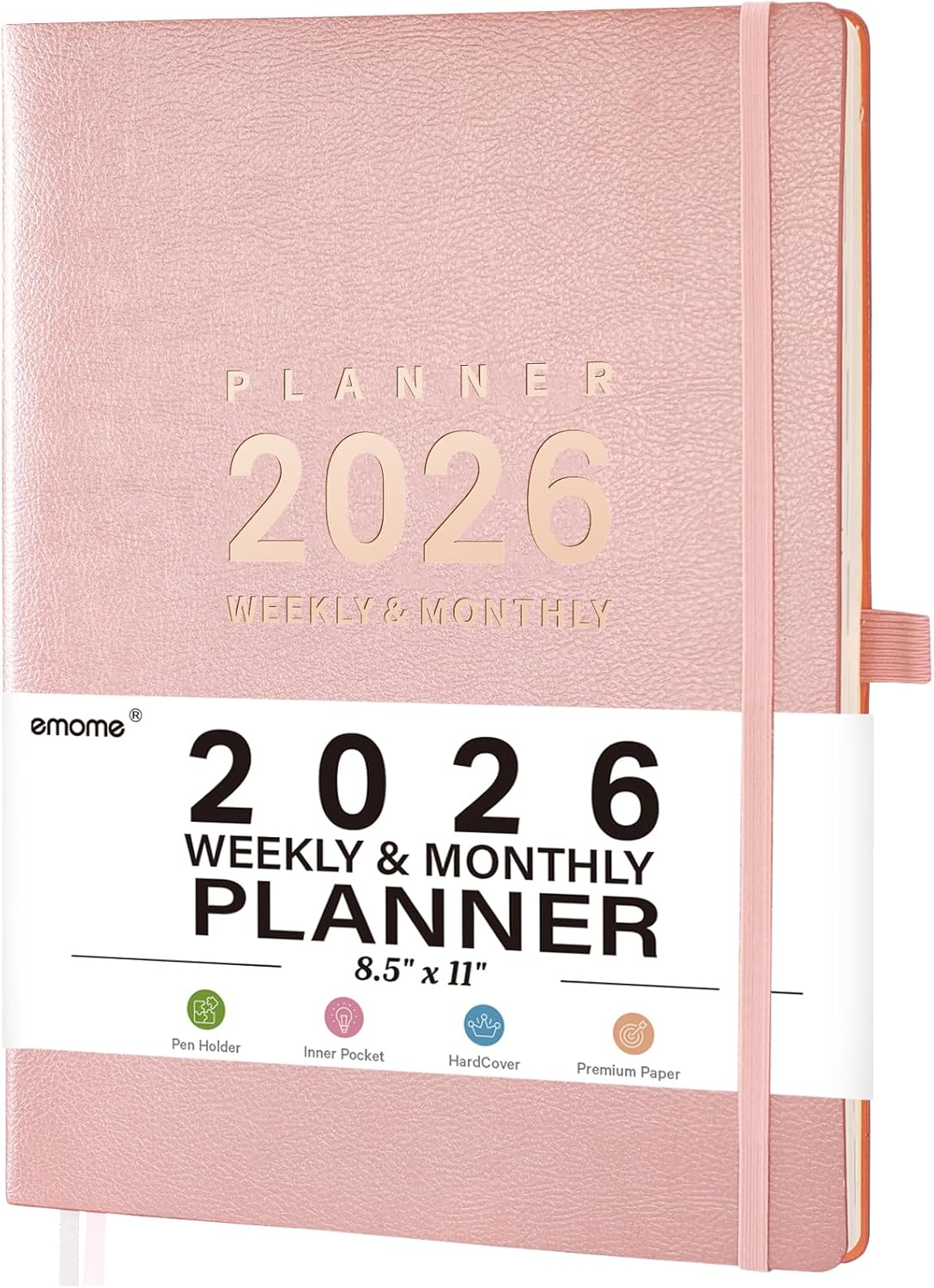 2026 Planner - Jan 2026 - Dec 2026, 2026 Planner Weekly and Monthly, 8.5" x 11", Pen Holder, Calendar Stickers, Pocket, 25 Notes Pages, Faux Leather Cover, A4 Premium Paper - Pink