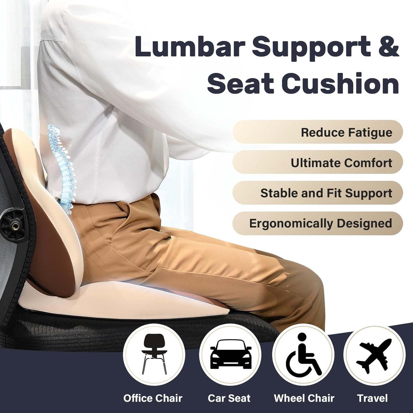 Coverado Seat Cushion and Lumbar Support Pillow for Car Office Chair, Ergonomic Memory Foam Desk Chair Cushion Back Support Pillow, Sciatica & Back & Tailbone Pain Relief Cushion-Beige