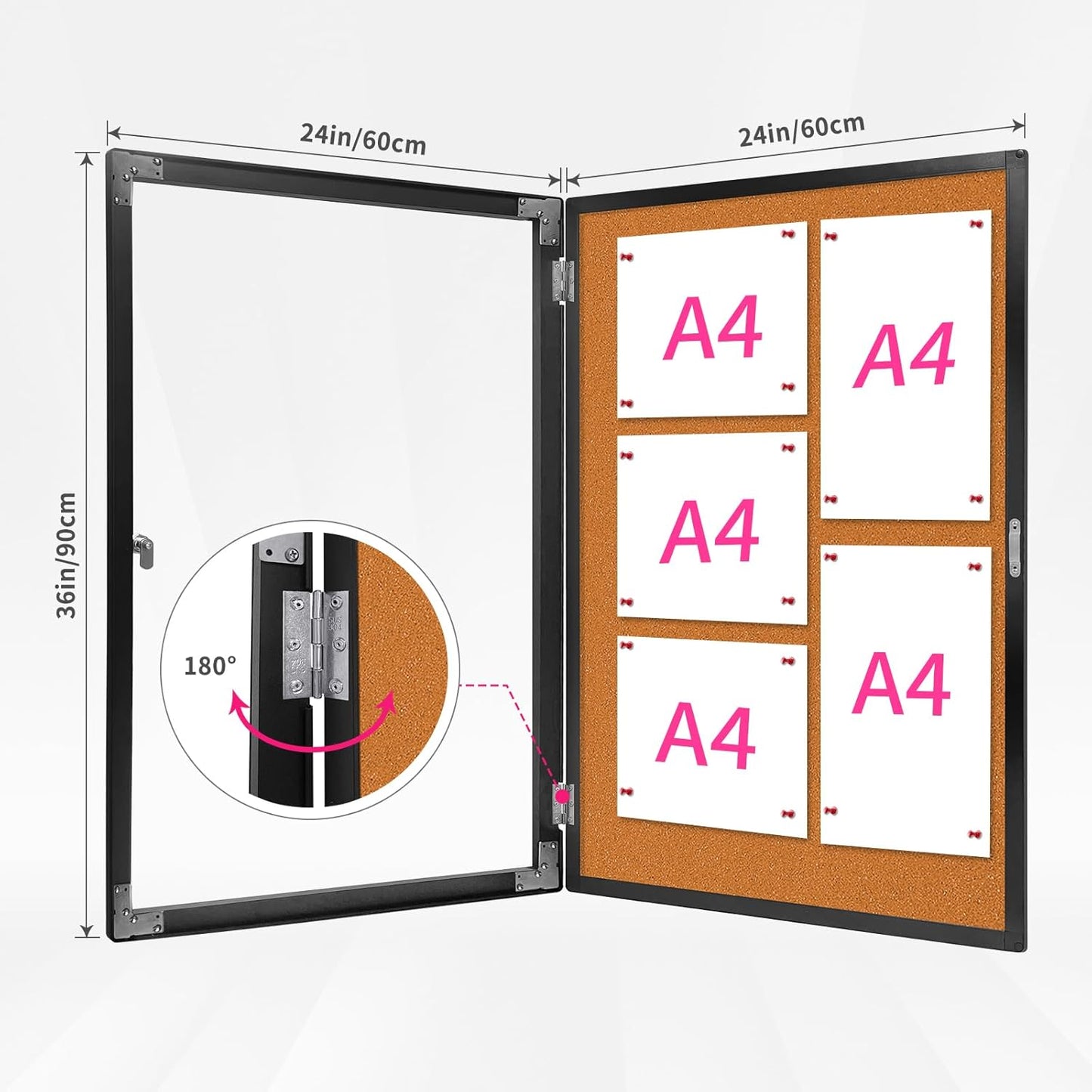 Enclosed Bulletin Board, Cork Noticeboard Board with Clear Acrylic Locking Door, Wall-Mounted Display Case for Indoor, Message Board 36x24in (5xA4)