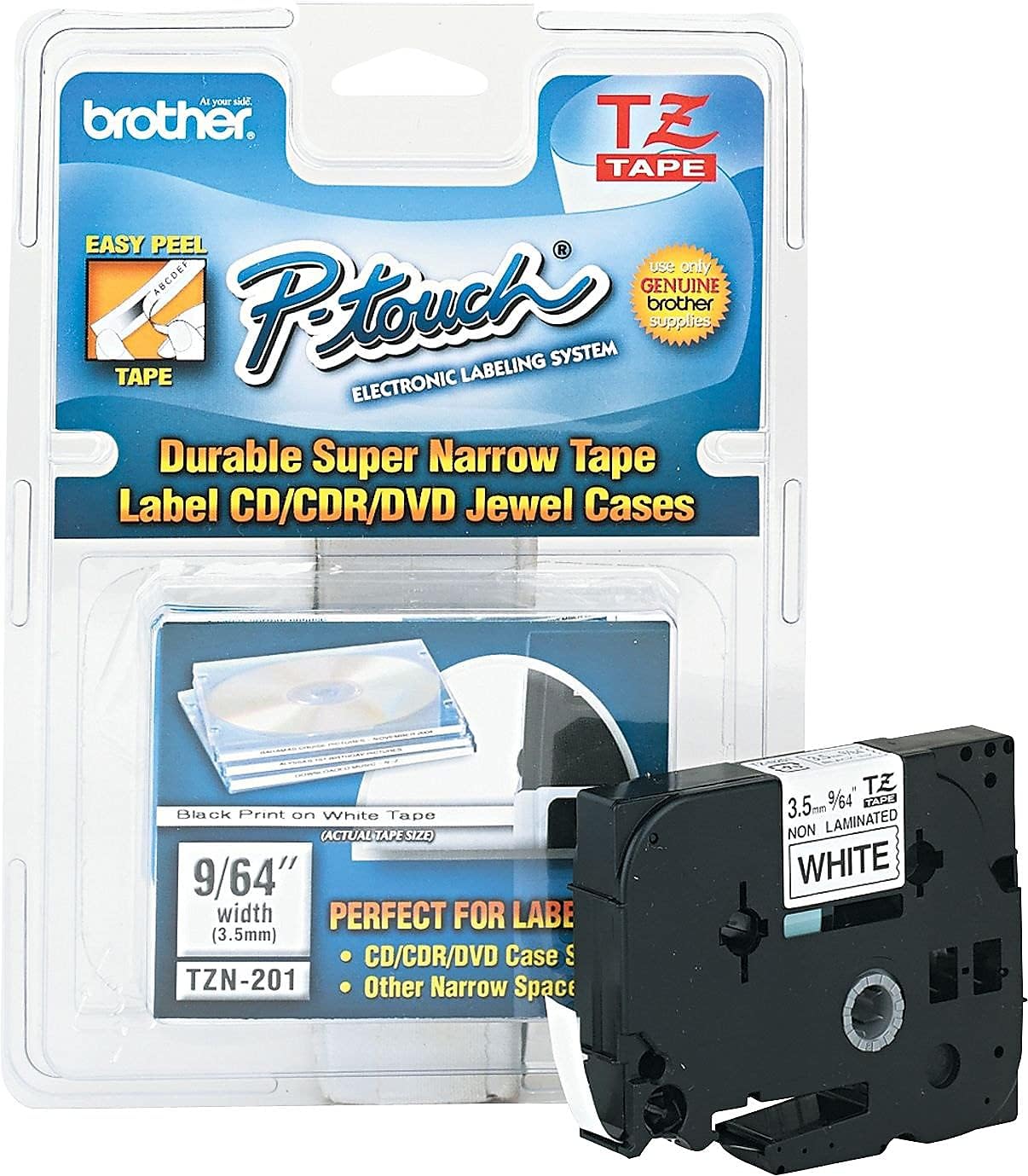 Brother Genuine P-touch TZE-N201 Tape, 9/64" (0.13") Wide Super-Narrow Non-Laminated Tape, Black on White, Recommended for Home and Indoor Use, 0.13" x 26.2' (3.5mm x 8M), Single-Pack, TZEN201
