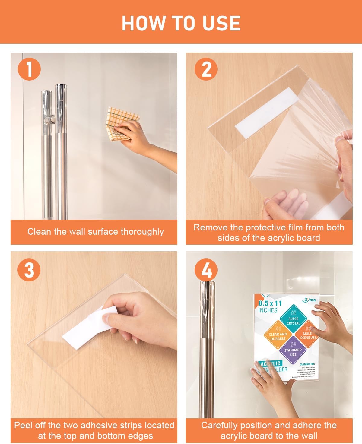 Dynta 6 Pack Acrylic Sign Holder 8.5 x 11 with Double Sided Adhesive Tape, Plastic Sign Holder Wall Mount, Memo Document Flyer Brochure Menu Holder for Office Home Store Restaurant