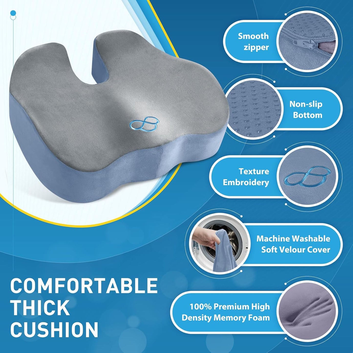 BlissTrends Seat Cushion,Thick Memory Foam Cushions for Office Chair, Car Seat, Airplane, Relieving Pressure Tailbone Sciatica Back Pain for Office Workers, Car Drivers 4.7in Thick Dark Grey&Blue