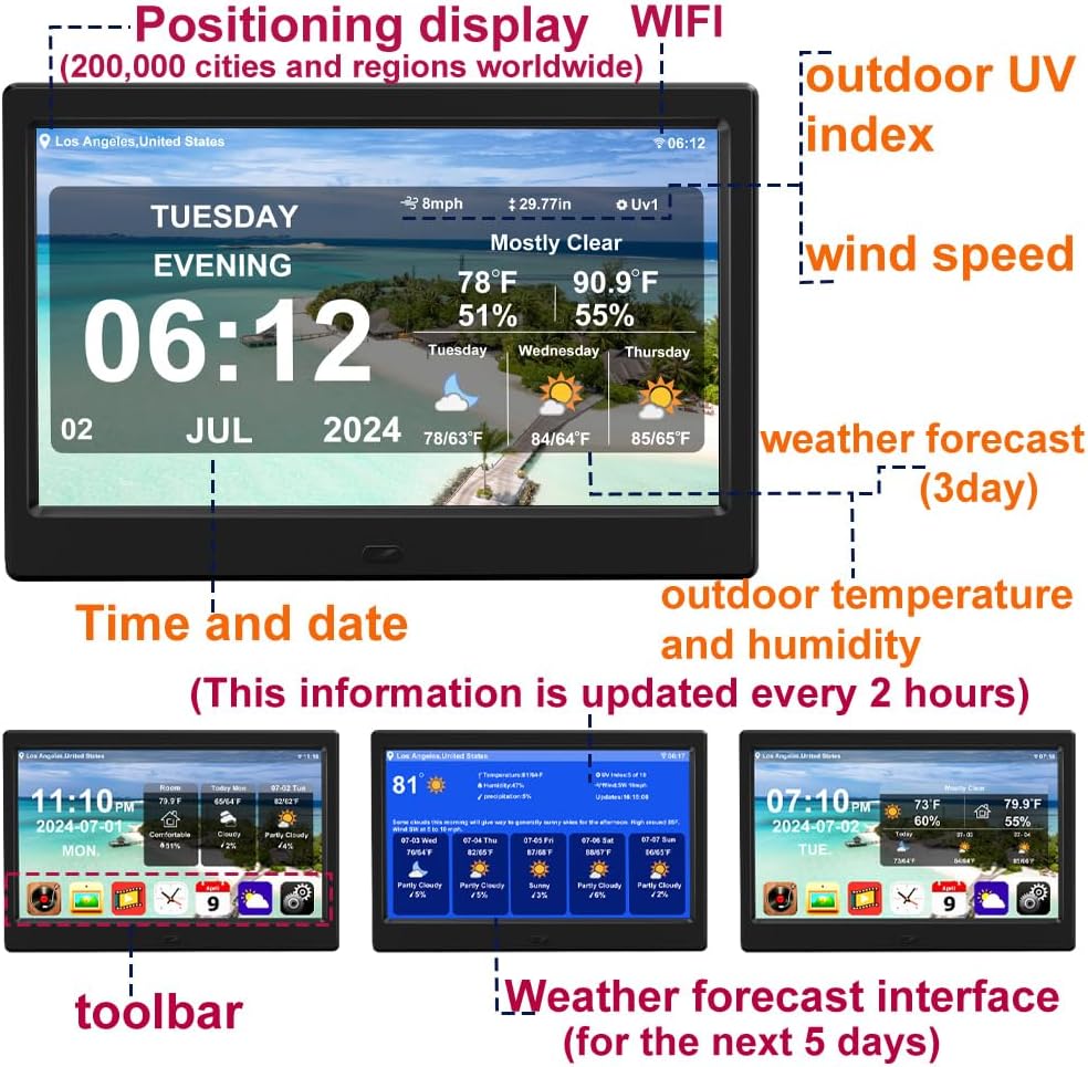 Digital Alarm Clock with Date and Time for Elderly Digital Calendar Clock Photo Frame- Auto Dimmable Display 15 Alarm Options (10.1 inch/Black)