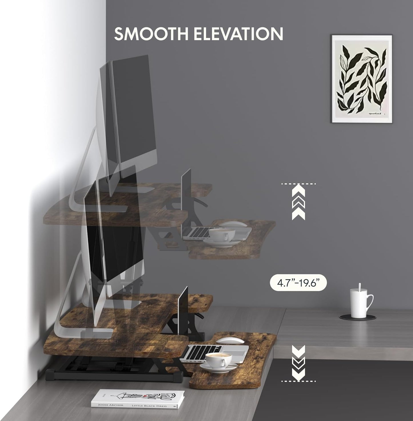 FLXISPOT 42-inch Standing Desk Converter, Sit to Stand Dual Monitor and Laptop Workstation with Wide Keyboard Tray, Rustic Color