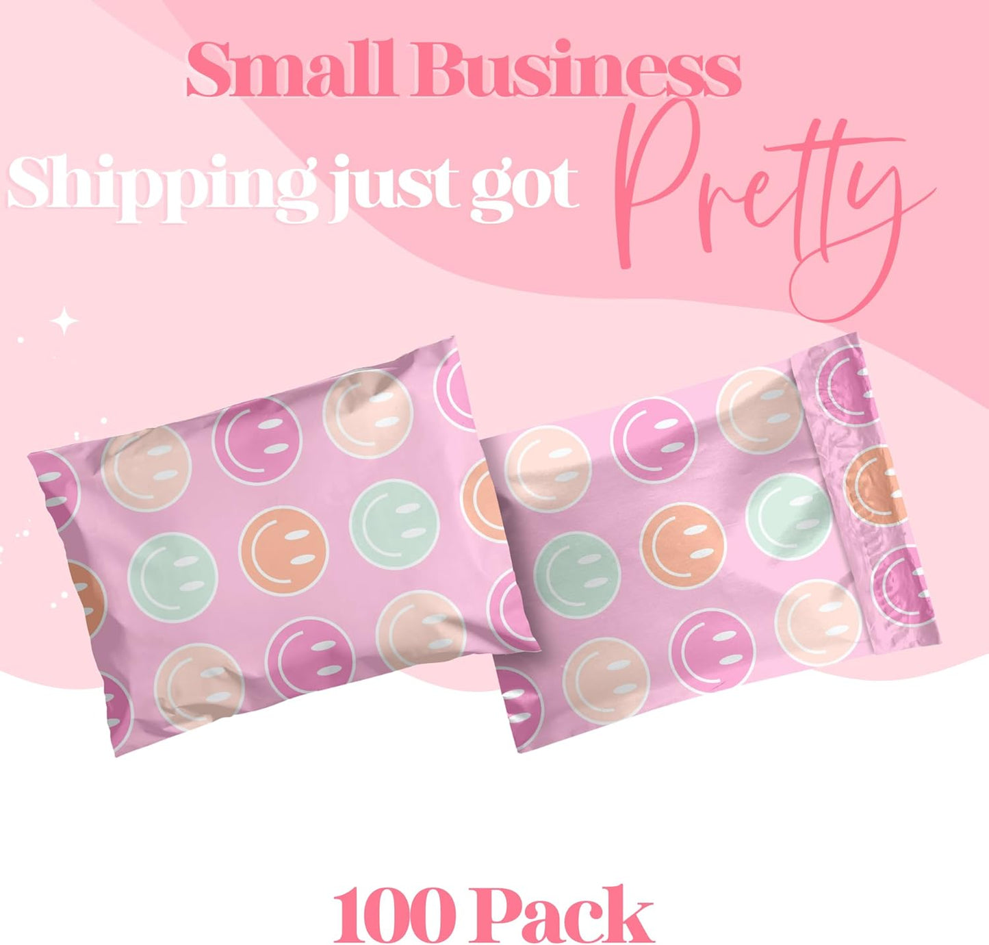 10x13 Designer Poly Mailer 100 Pack Heavy Duty Waterproof Self Seal Shipping Bags for Small Business Large Mailing Envelopes Bulk Tear Resistant Cute Packaging Smiley Face