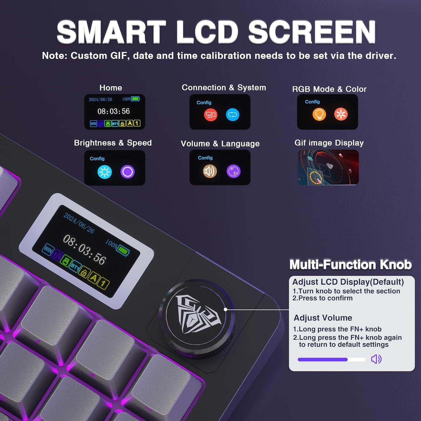 AULA S98 Pro Wireless Mechanical Keyboard with Screen & Knob,2.4GHz/USB-C/BT5.0 Hot Swappable Creamy Keyboard,Pre-lubed Linear Switches,Side Printed PBT Keycaps,RGB Backlit Gaming Keyboards