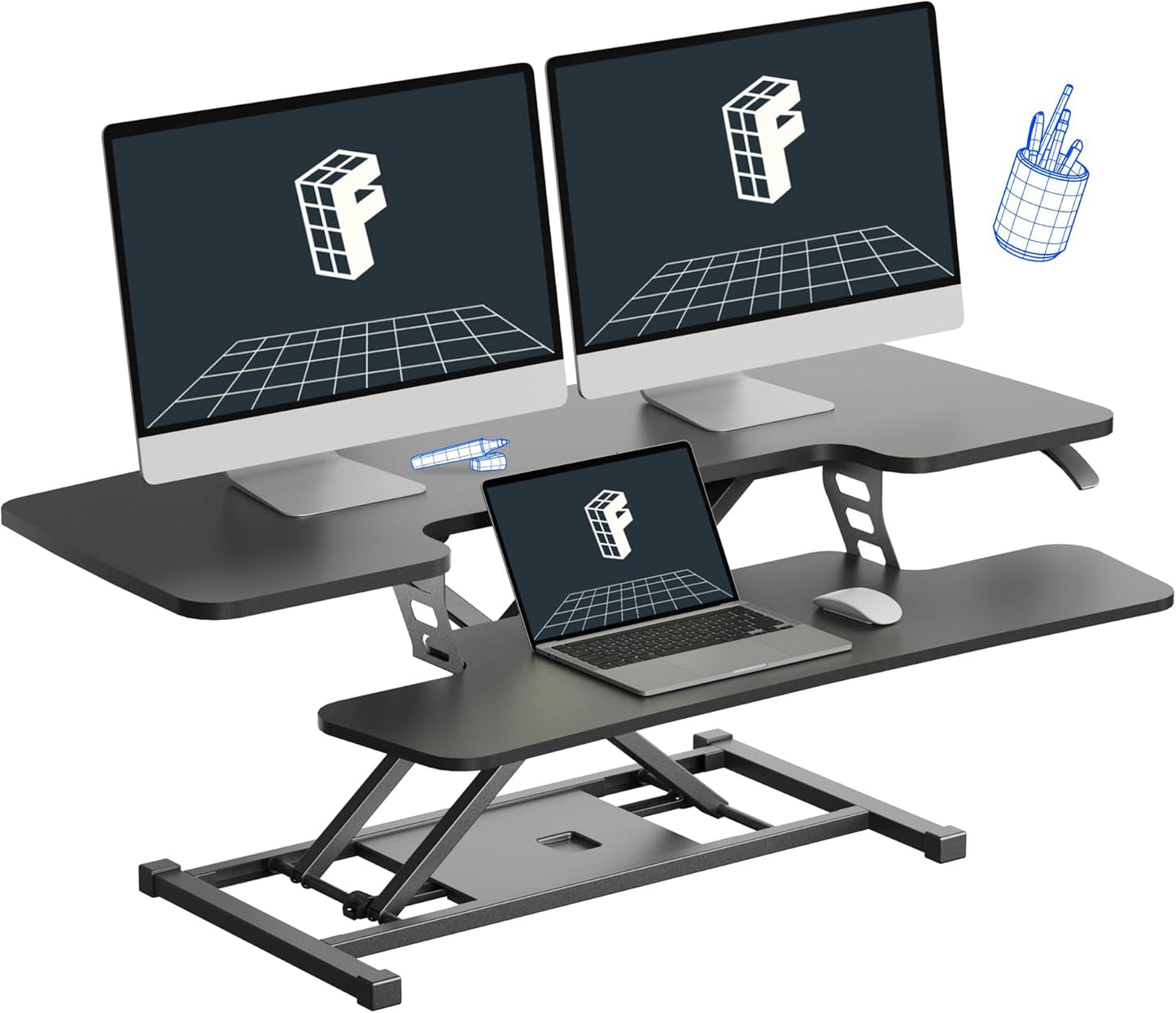 FLEXISPOT Standing Desk Converter 42-inch Spacious Sit to Stand up Dual Monitor and Laptop Riser, Big Size Tabletop Workstation with Large Keyboard Tray, Black