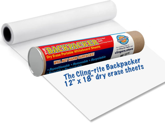 Backpacker Cling-rite Rolls Clingers Dry Erase Portable Whiteboard - 45' ft Roll with 30 Sheets, 12"x18" Reusable Surface for School Supplies, Office Decor, Kids Art & Craft Projects - American Made