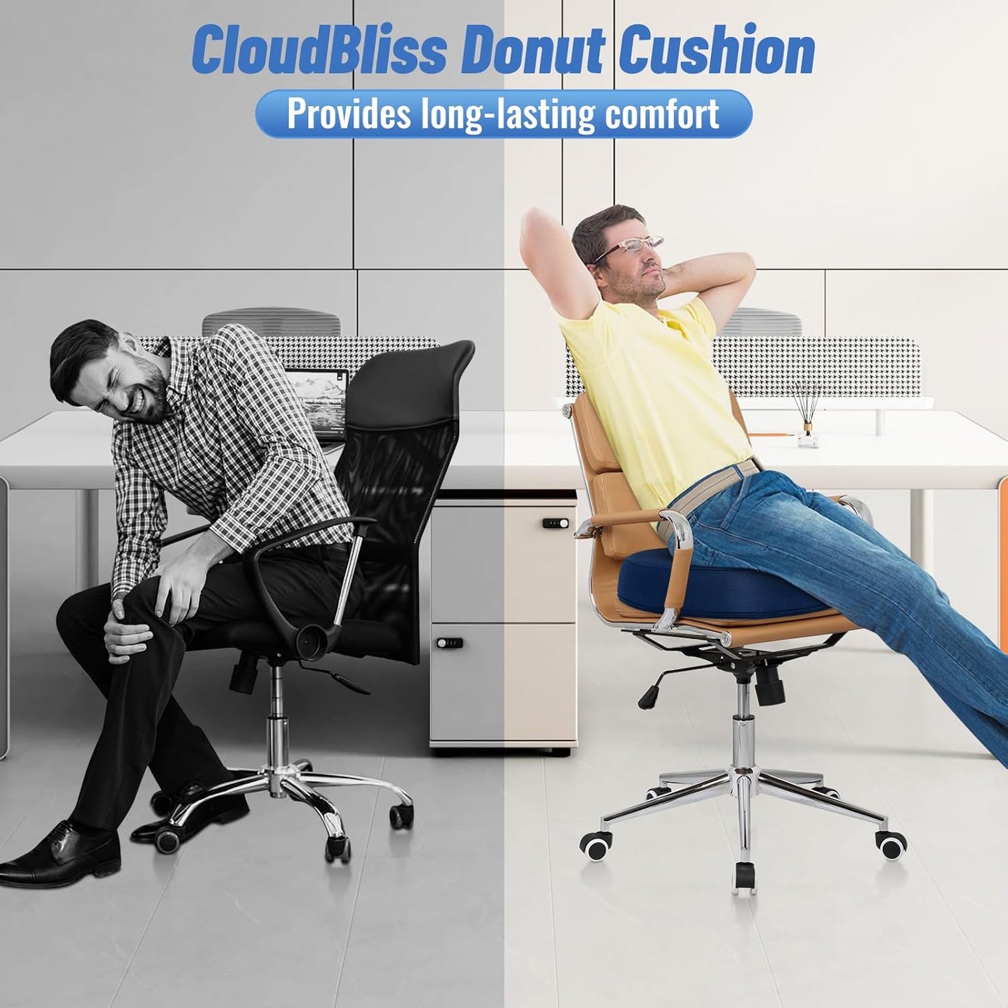 CloudBliss Donut Pillow Seat Cushion for Tailbone Pain Relief and Hemorrhoids, Memory Foam Seat Chair Cushion for Postpartum Pregnancy, Seat Cushions for Men and Women for Home & Office, (Blue-XL)