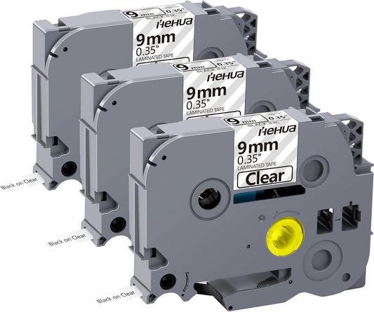 Hehua Tze Tz Tape 9mm 0.35 Laminated Clear Tape Compatible for Brother Label Maker Tape TZe-121 TZe121 TZ-121 TZ121 for Ptouch PT D210 D200 D220 D610 H110 1880, 3/8'' x 26.2ft Black on Clear, 3 Pack