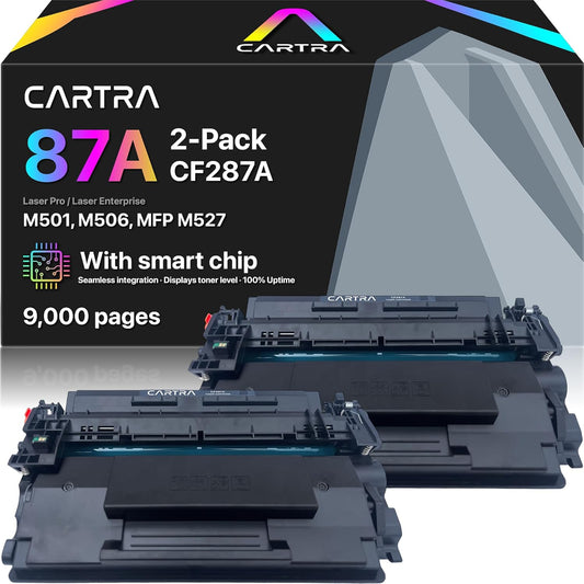 CARTRA 87A Toner Cartridge Black CF287A 2-Pack with Smart Chip, Compatible Replacement for 87A Black Toner Cartridge for HP Printer Models M506, MFP M527, and Flow MFP M527 Series, Office Supplies Use