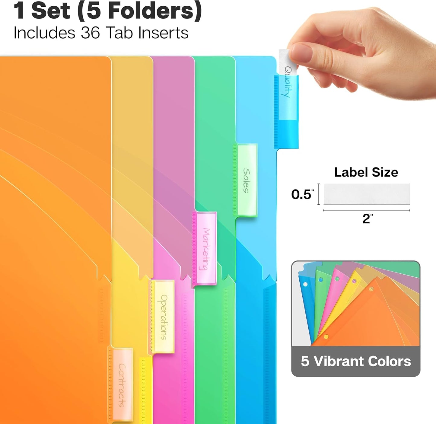 Dunwell Plastic Binder Dividers with Front Pocket (5 Tab), Clear Slash Single Pocket Divider with Tabs, 3 Ring Binder Pockets with Index Tab, Acid-Free, Notebook Dividers Include Label Inserts