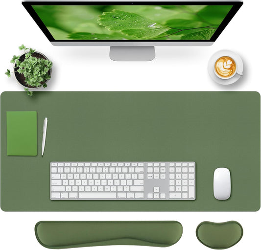 Bloss Keyboard Wrist Rest + Mouse Wrist Rest + Leather Desk Mat, Non-Slip Desk Mat Protector for Office, Home(31.5×15.7 Inches,Olive Green)