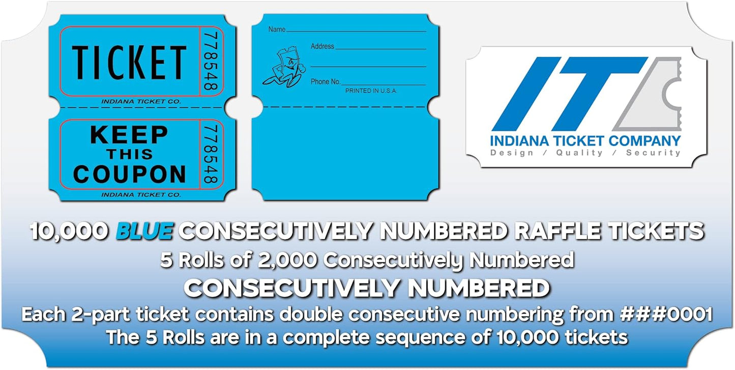 INDIANA TICKET CO. 10,000 Blue CONSECUTIVELY Numbered Raffle Ticket Roll. 5 Rolls of 2,000, for Classroom Rewards, Events, Fundraisers, Door Entry, Raffles, Prizes, Drink/Food Tickets, & More