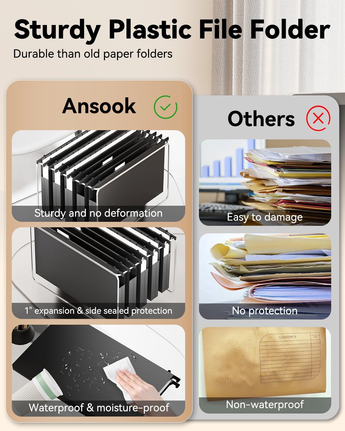 Ansook Plastic Legal Hanging File Folders,1”Expanding Accordian Pocket,Heavy Duty for Filing Cabinet,Insertable Tabs,Black Legal Size Hanging Folders,Hard and Durable Hang Folders,Black,12 Pack