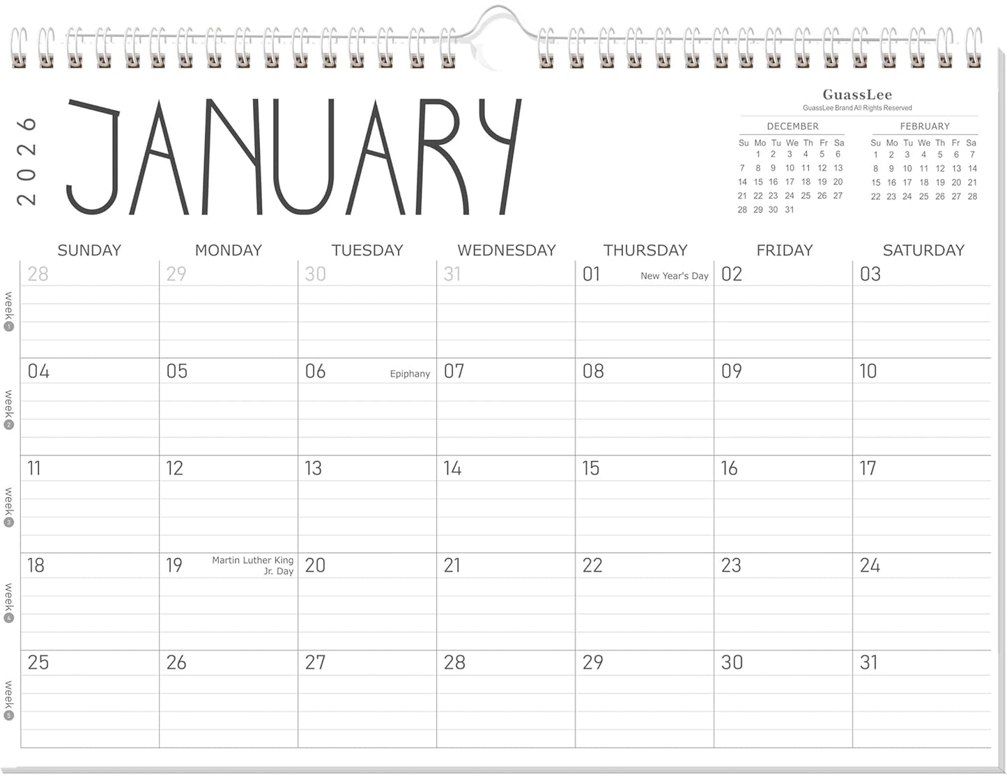 GuassLee Wall Calendar 2026 12 Months Planner Through Jan. 2026 to Dec 2026 17" X 12" Paper Monthly Planner Wall Hanging Calendar with Thick Paper for Easy Organizing