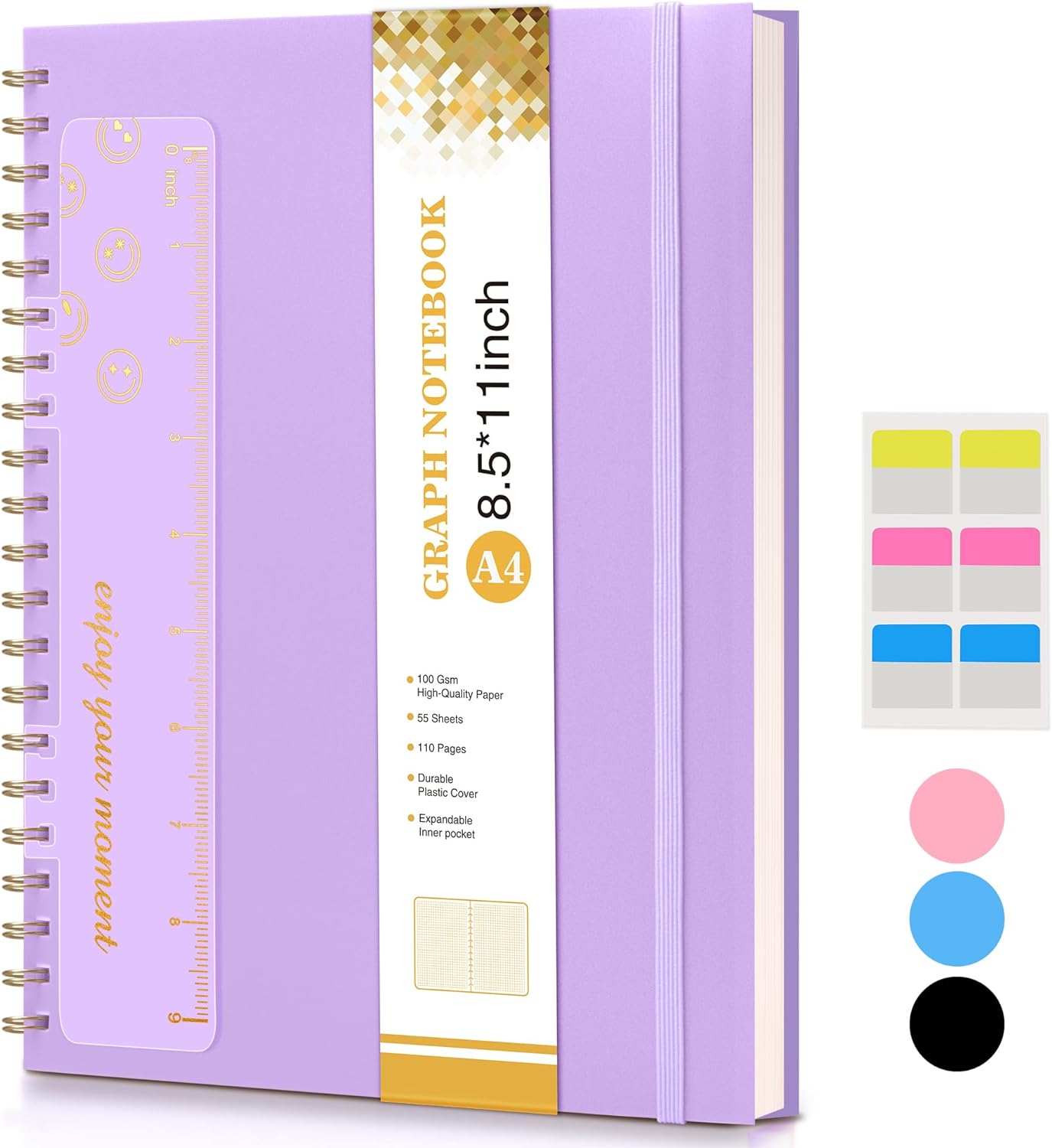 Graph Paper Notebook, Spiral Notebook Journal 8.5” x 11”, A4 Large Grid Notebooks for Women Men, 100 GSM Graph Paper, Plastic Hardcover Spiral Graphing Journals for Work School Engineerin, Purple