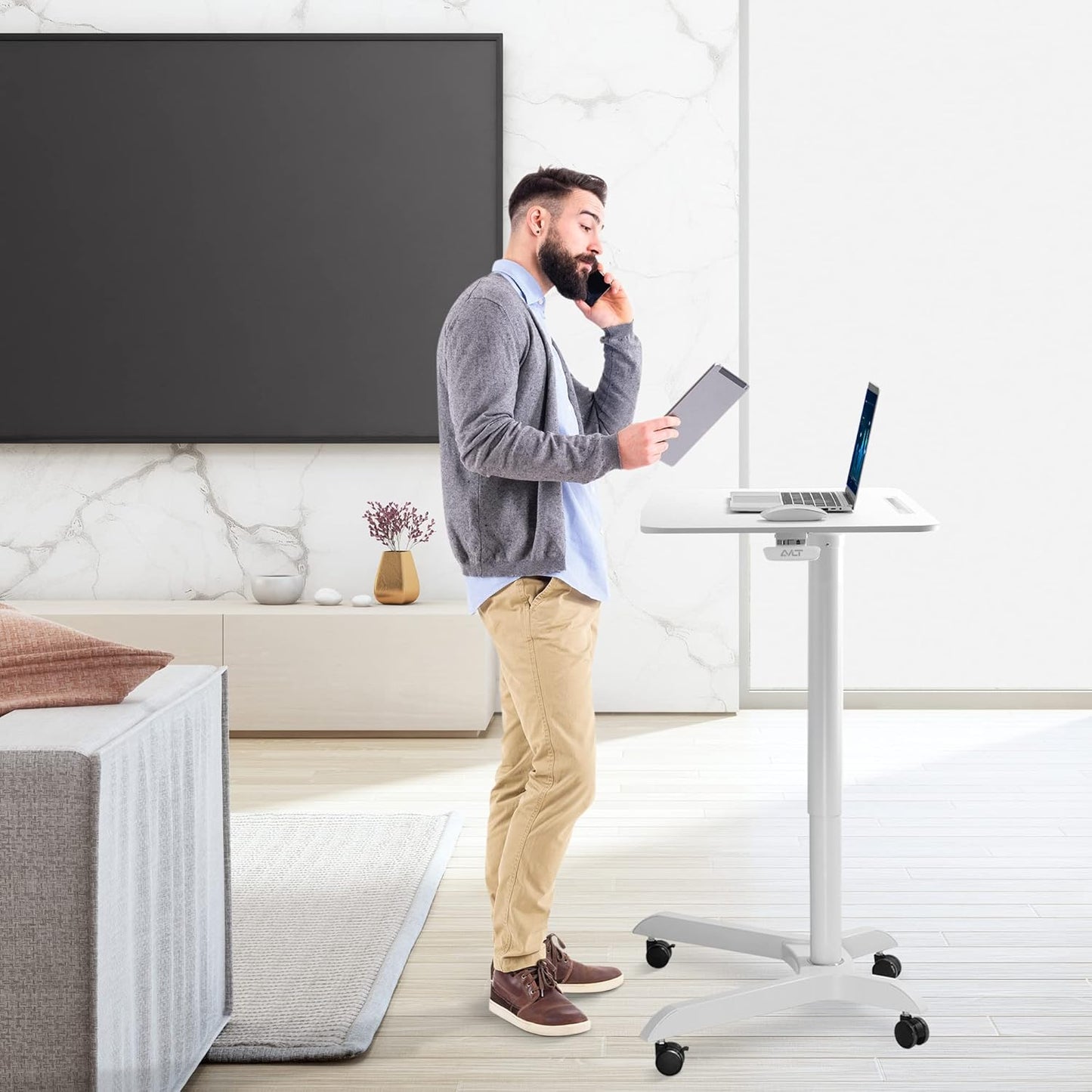 AVLT 48" Ambidextrous Standing Desk, Mobile Adjustable Height Rolling Laptop Desk, Folding Computer Projector Cart with Brake Casters, Portable White Desk for Home Office