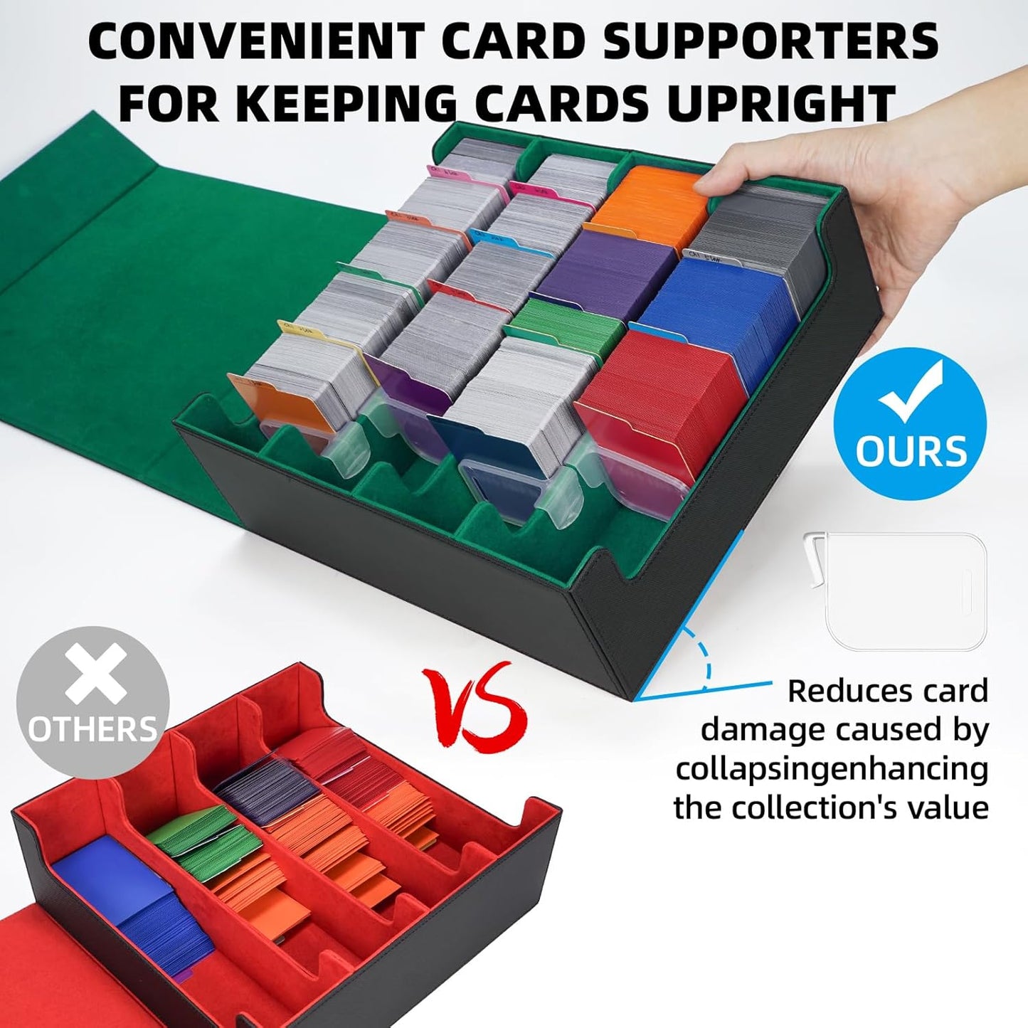 AFIING Trading Card Storage Box, MTG Deck Box with 48 Dividers & Supporters, Commander Card Deck Case Fits for Magic Game Cards, YugiOh, TCG, baseball and Sport Cards, Black Green 3200+